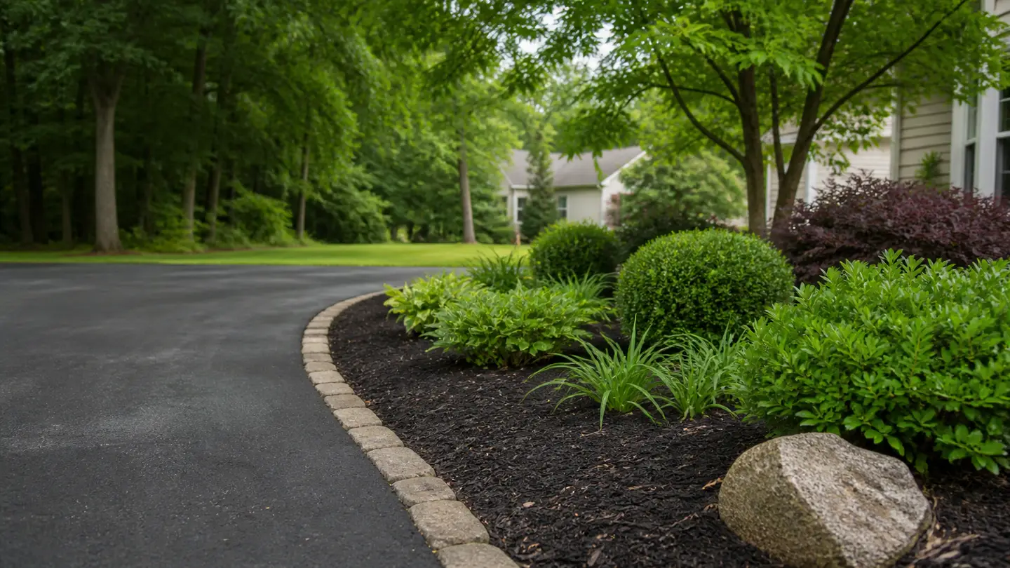 Illustrative residential landscaping scene with a mulched planting bed and stone edge.