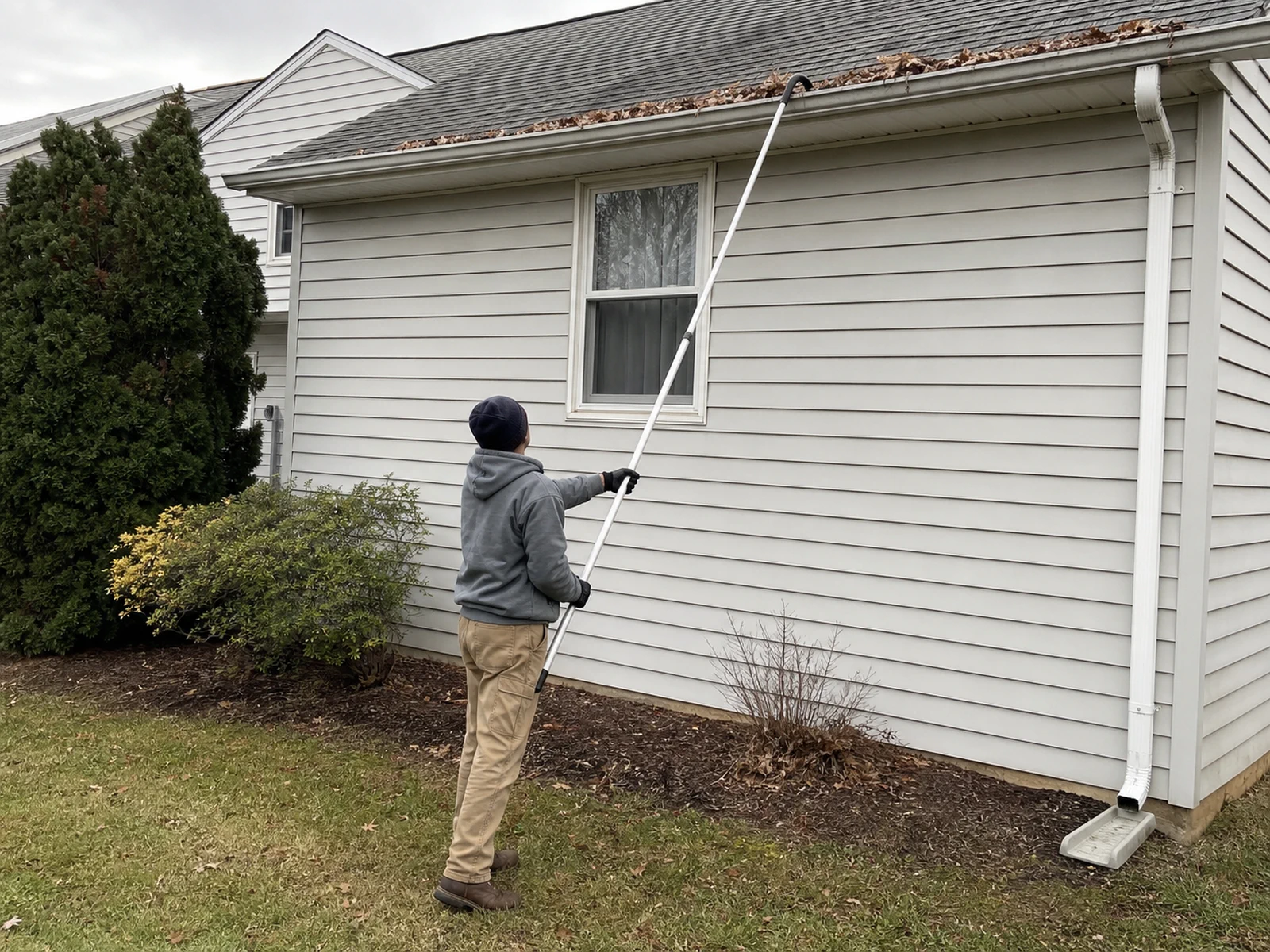 AI-generated illustrative concept, not a Bright Start customer project: a rain gutter along a residential roof.