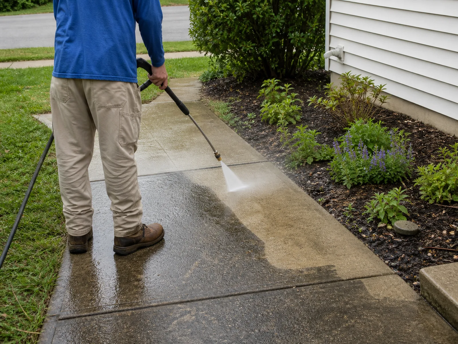 AI-generated illustrative concept, not a Bright Start customer project: power washing beside a concrete patio.