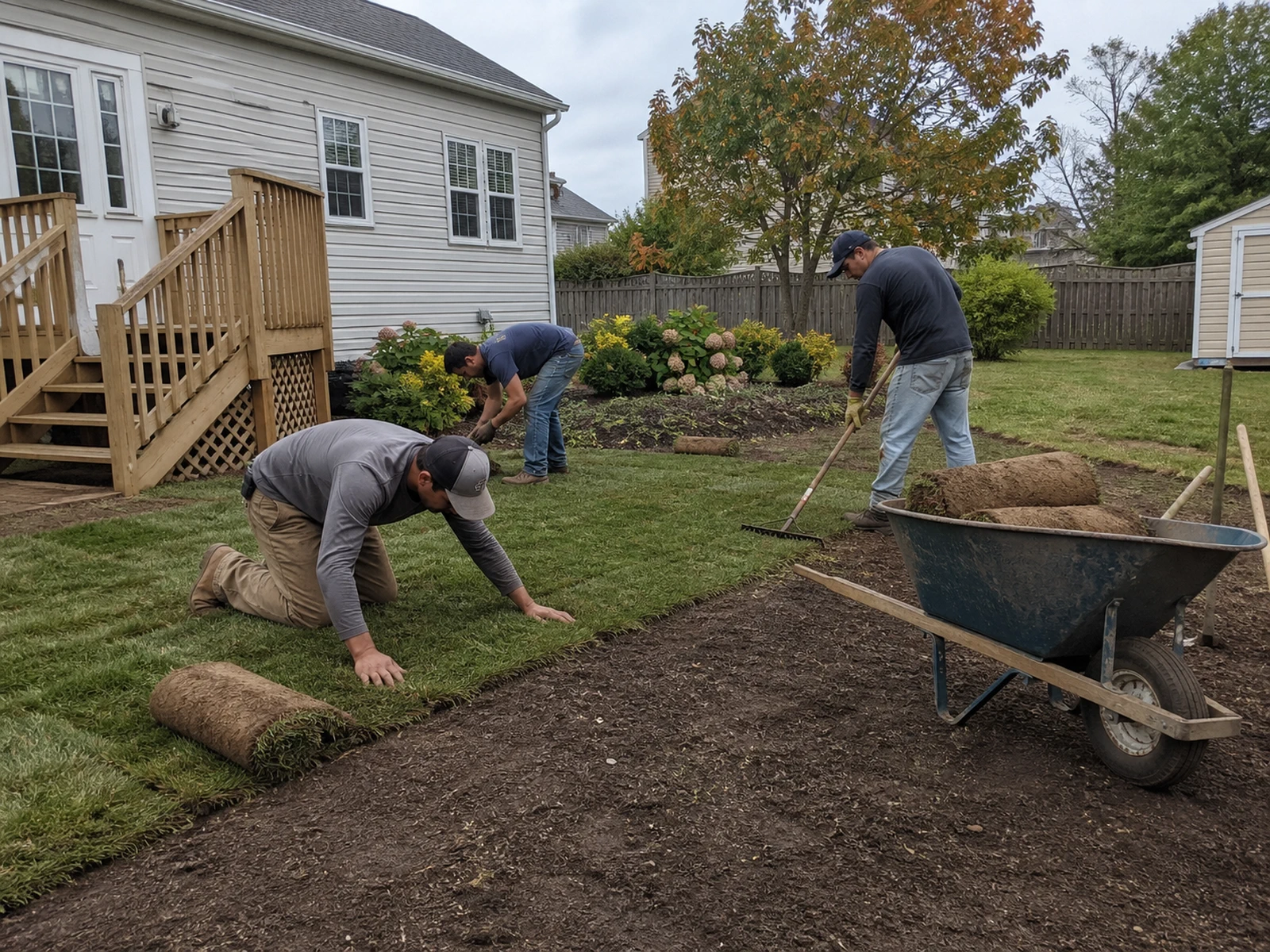 AI-generated illustrative concept, not a Bright Start customer project: fresh sod being laid in a residential yard.