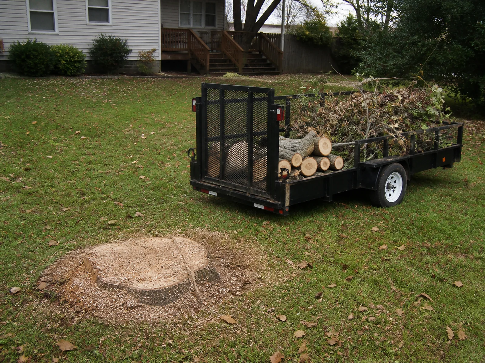 AI-generated illustrative concept, not a Bright Start customer project: cut wood rounds on a residential lawn.