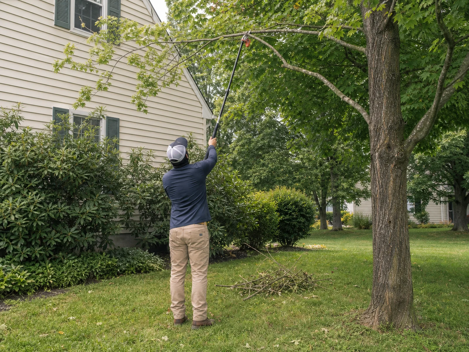 AI-generated illustrative concept, not a Bright Start customer project: a pruned shade tree in a residential yard.